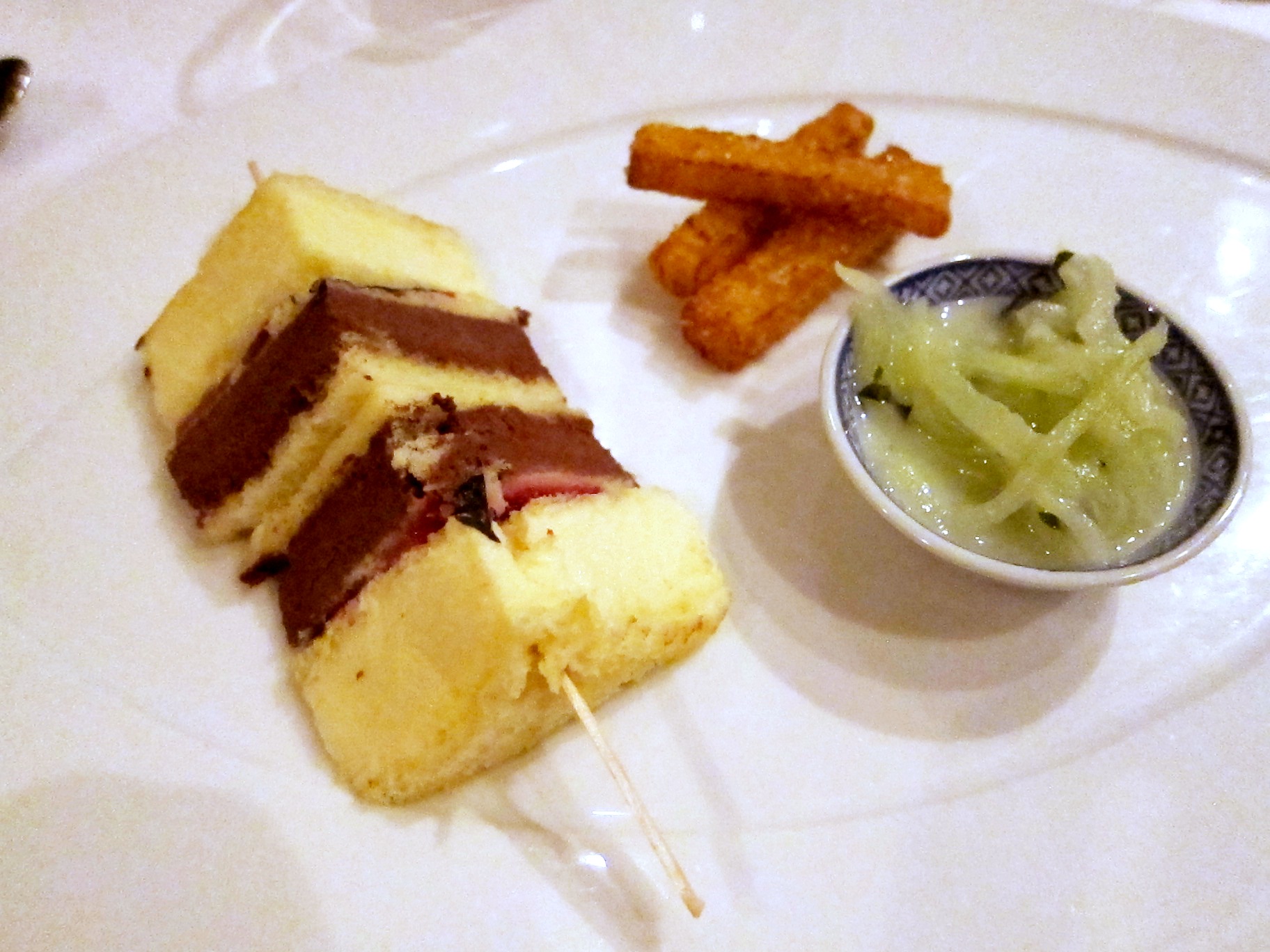 Dessert: Chocolate Club Sandwich, Pineapple Fries, and Creamy Melon Salad with Fresh Mint