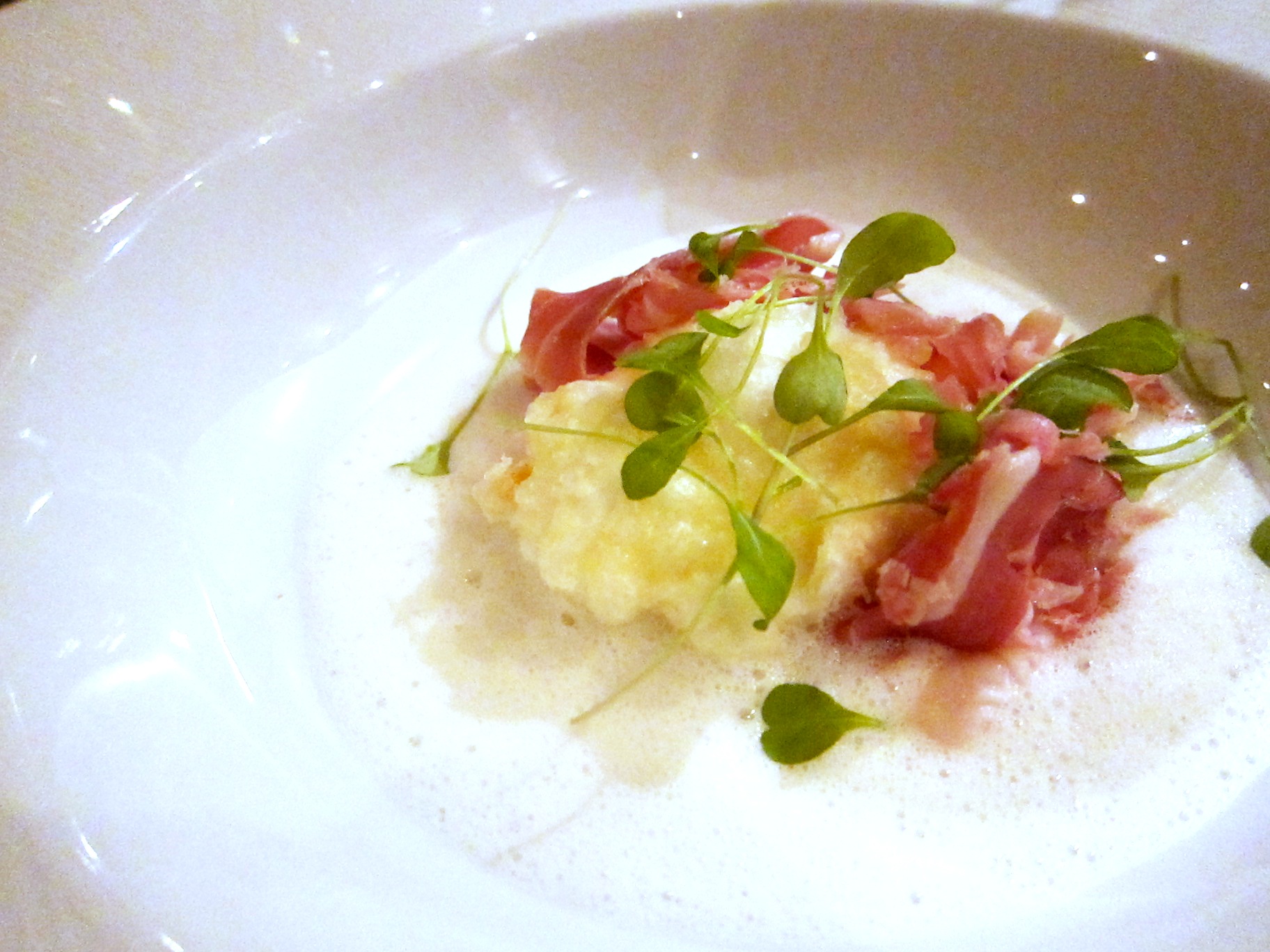 Appetizer: Crunchy Chicken Egg with Warm Parmesan Mousse, and Iberian Ham Shavings